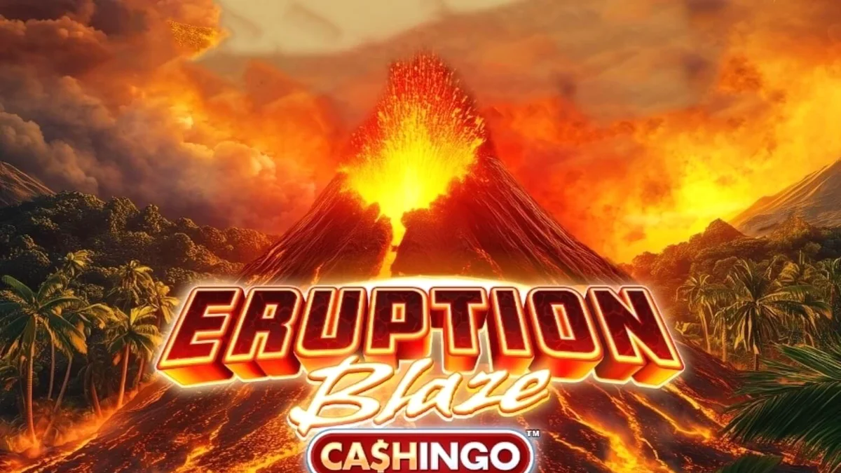 Cenário vulcânico intenso do slot Eruption Blaze Cashingo com símbolos clássicos e moedas de bônus