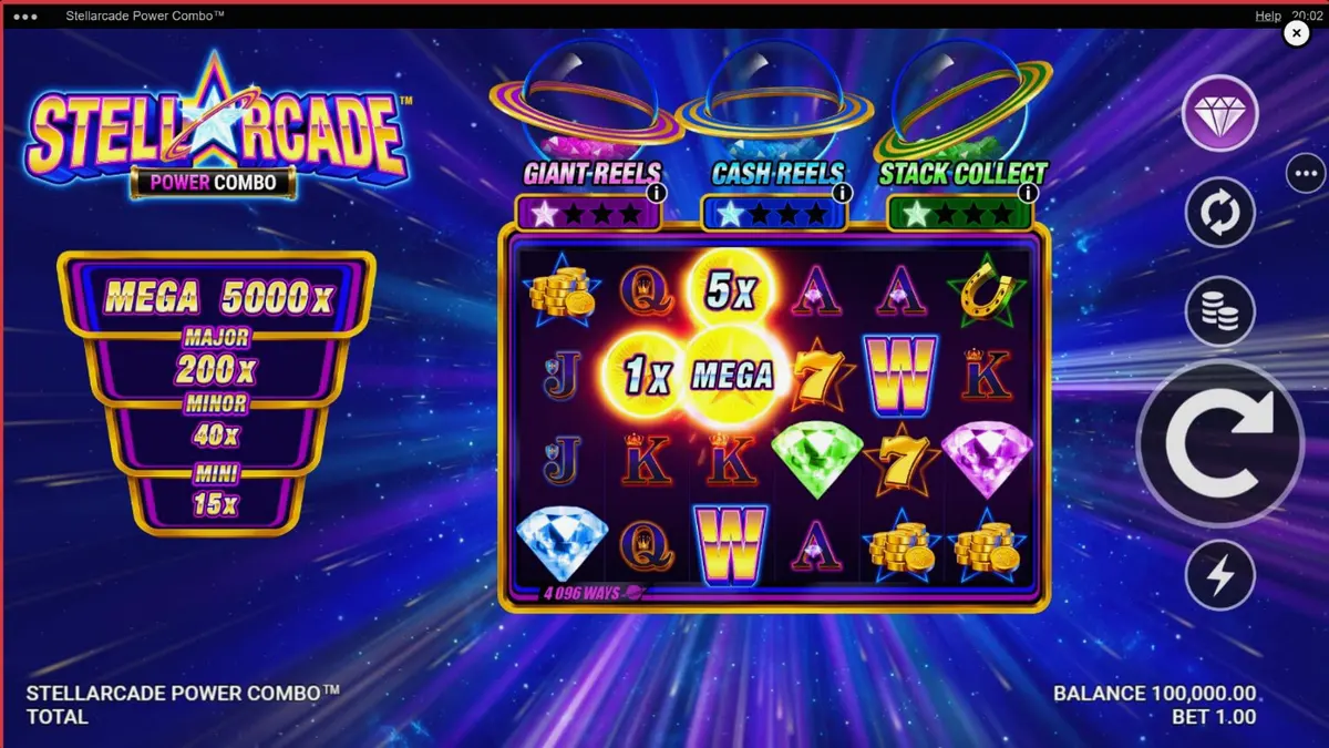 Interface do jogo Stellarcade Power Combo com elementos neon e espaciais