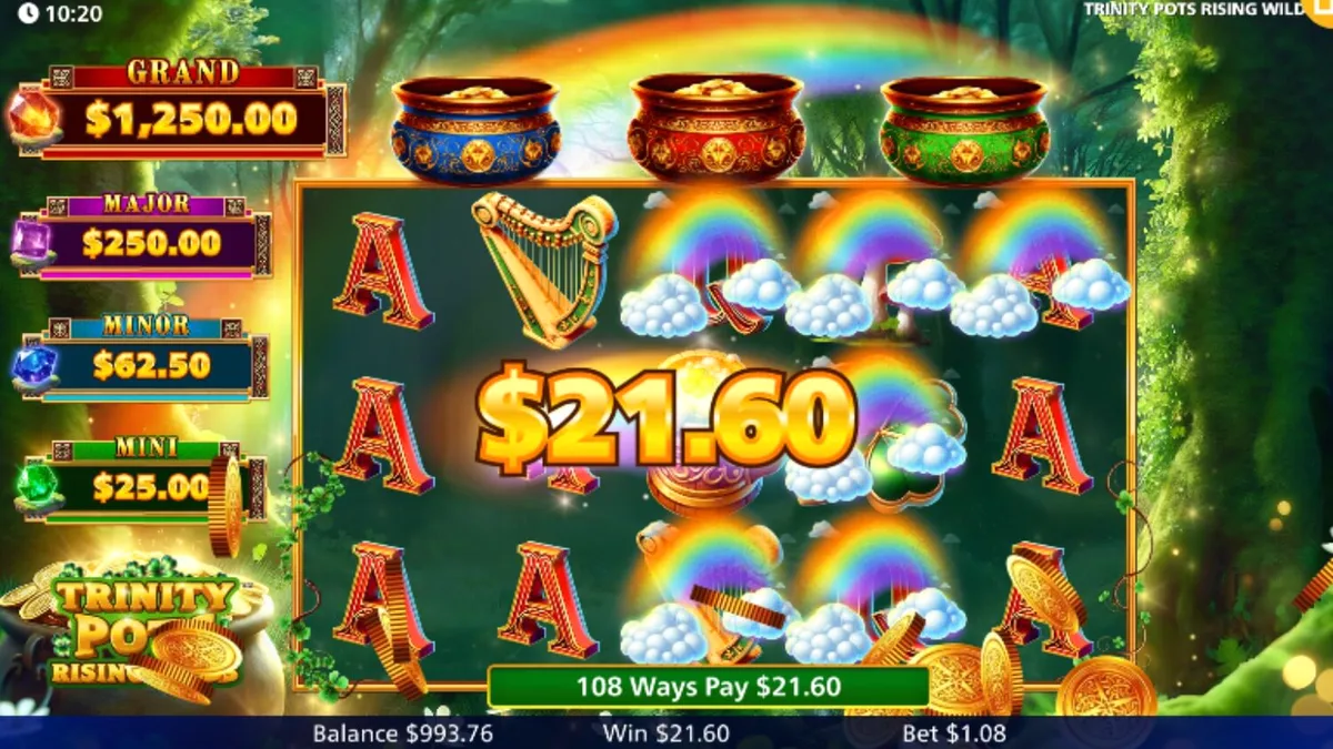 Interface colorida e festiva do slot Trinity Pots Rising Wilds com tema irlandês